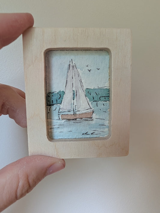 Mini Sailboat Painting - Original Watercolor Art by Lora Cavallin