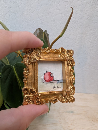 Mini Snow White Apple Painting - Original Watercolor Art by Lora Cavallin
