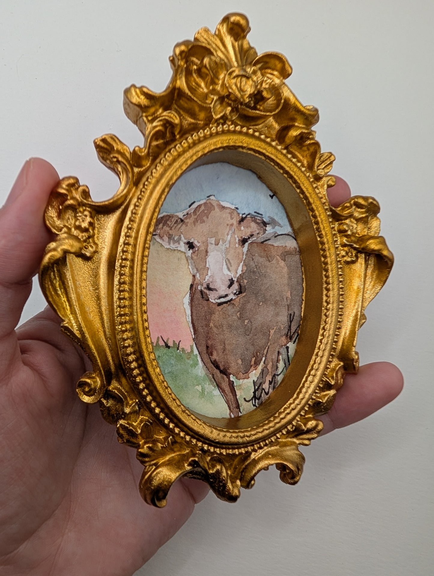 Mini Cow Painting - Original Watercolor Art by Lora Cavallin