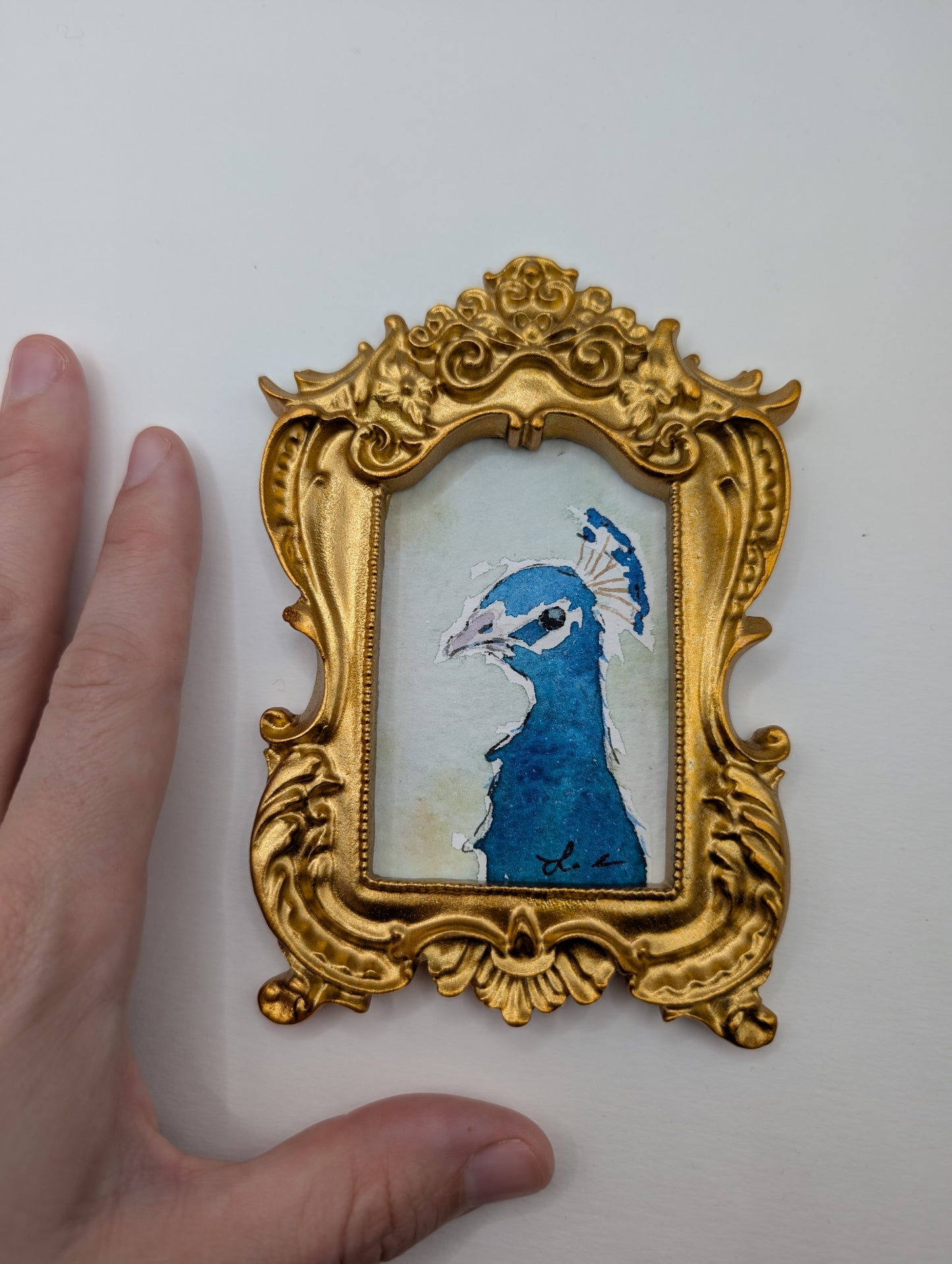 Mini Peacock Painting - Original Watercolor Art by Lora Cavallin
