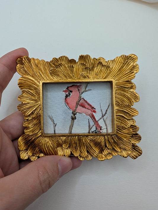 Mini Cardinal Bird Painting - Original Watercolor Art by Lora Cavallin