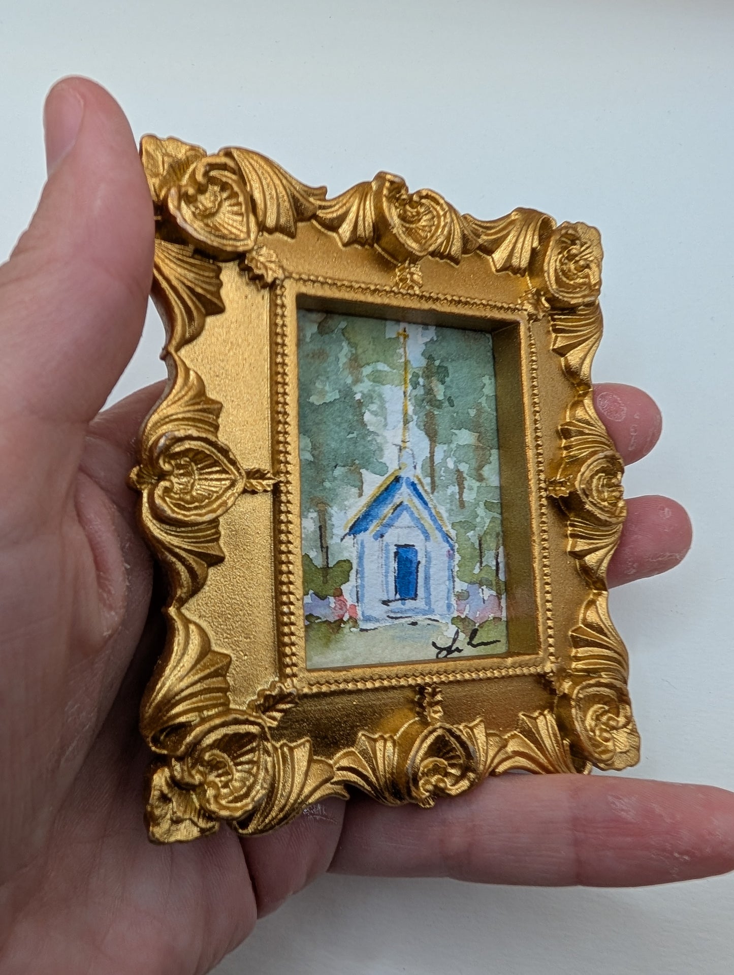 Mini Church Painting - Original Watercolor Art by Lora Cavallin