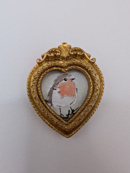 Mini Robin Bird in Heart Frame Painting - Original Watercolor Art by Lora Cavallin