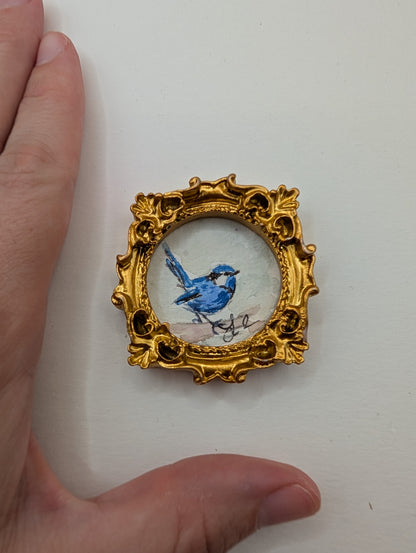 Mini Blue Fairy Wren Bird Painting - Original Watercolor Art by Lora Cavallin