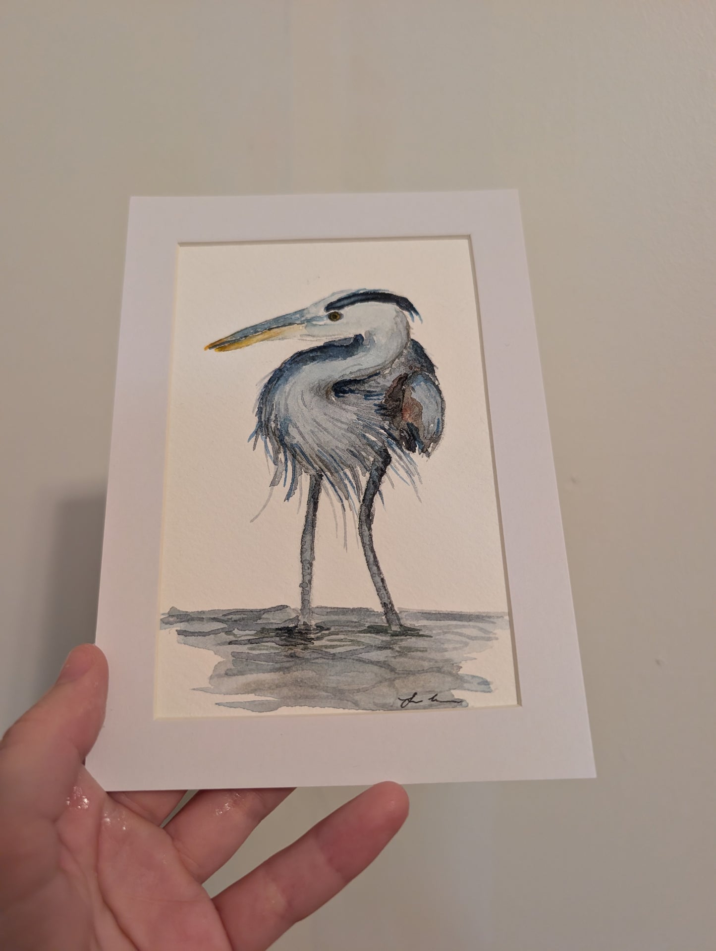 Great Blue Heron Watercolor Painting - 4 x 6" - No Frame, Comes with Mat - Original Art by Lora Cavallin