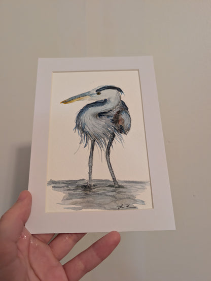 Great Blue Heron Watercolor Painting - 4 x 6" - No Frame, Comes with Mat - Original Art by Lora Cavallin