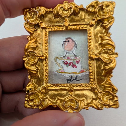 Mini Robin Bird on Teacup Painting - Original Watercolor Art by Lora Cavallin