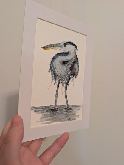 Great Blue Heron Watercolor Painting - 4 x 6" - No Frame, Comes with Mat - Original Art by Lora Cavallin