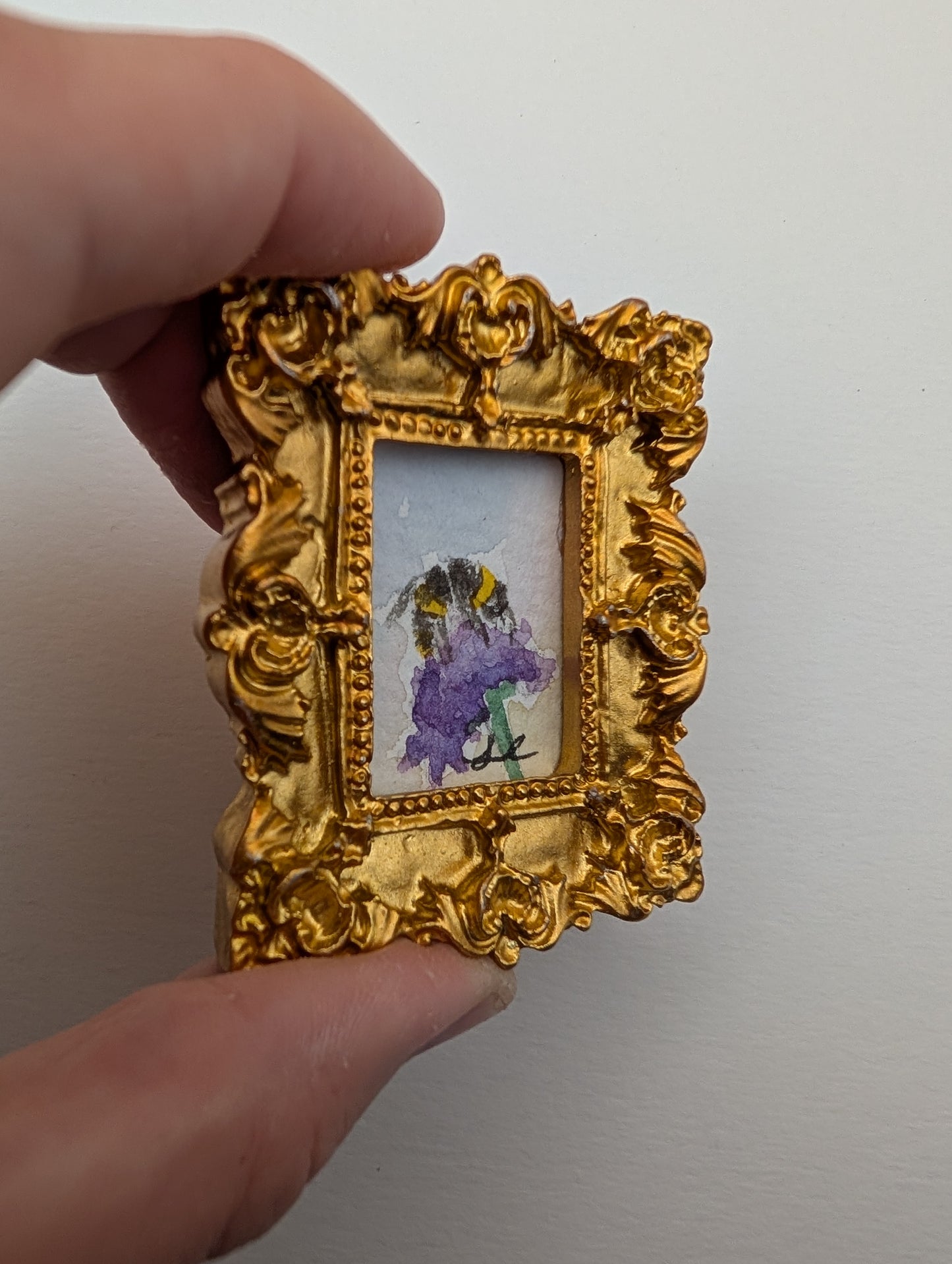 Mini Bee on Flower Painting - Original Watercolor Art by Lora Cavallin