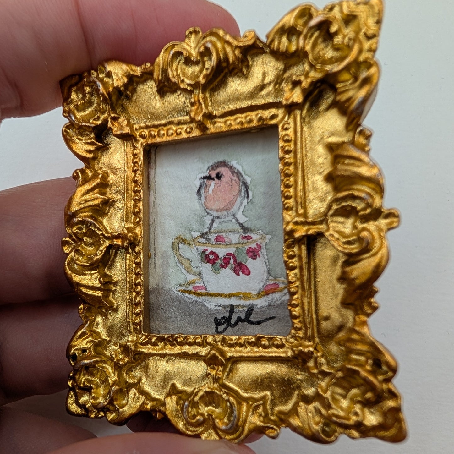 Mini Robin Bird on Teacup Painting - Original Watercolor Art by Lora Cavallin