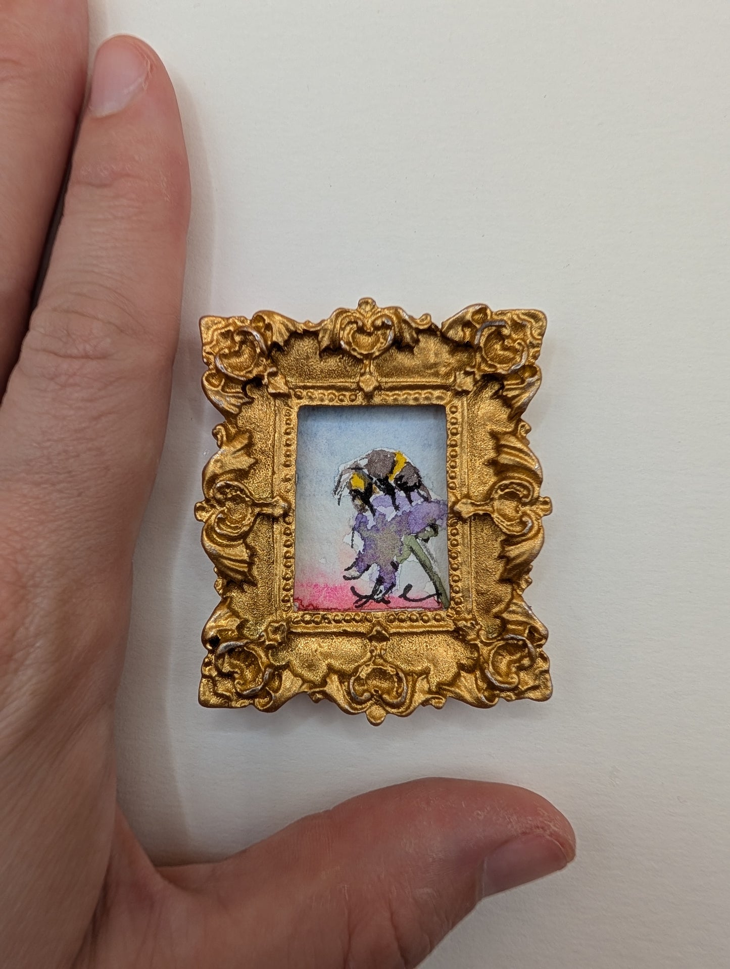 Mini Bee on Flower Painting - Original Watercolor Art by Lora Cavallin