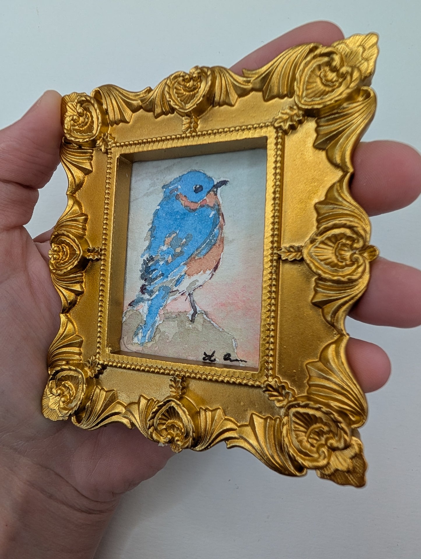 Mini Bluebird Painting - Original Watercolor Art by Lora Cavallin