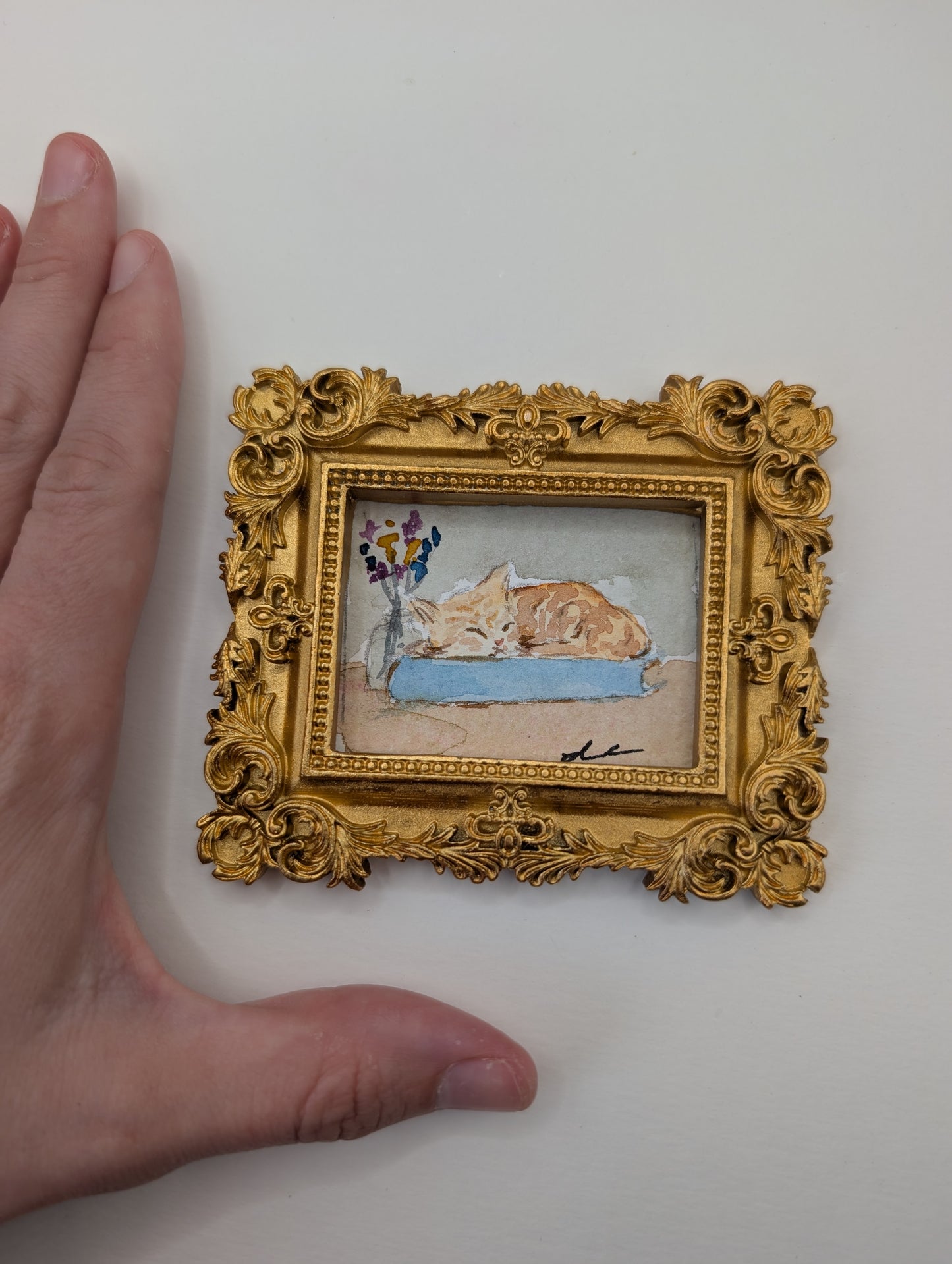 Mini Sleeping Cat Painting - Original Watercolor Art by Lora Cavallin