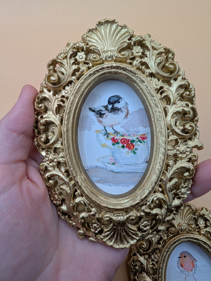 Small Birds on Teacups Art Print Set of Three - With Gold Frames - Watercolor Design
