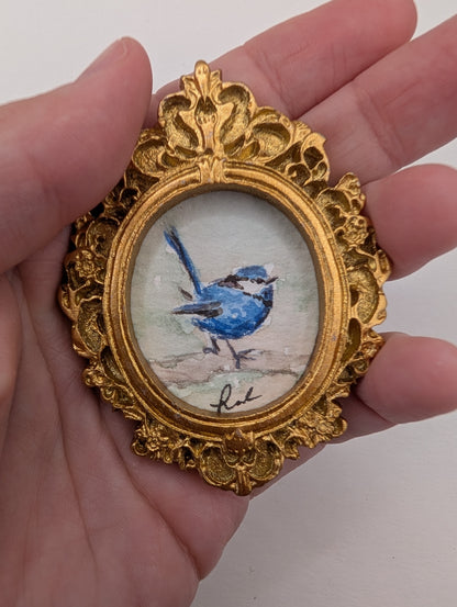 Mini Blue Fairy Wren Bird Painting - Original Watercolor Art by Lora Cavallin