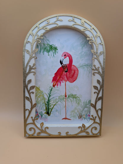 Sassy Flamingo with Iced Drink Print - Arched Framed Print