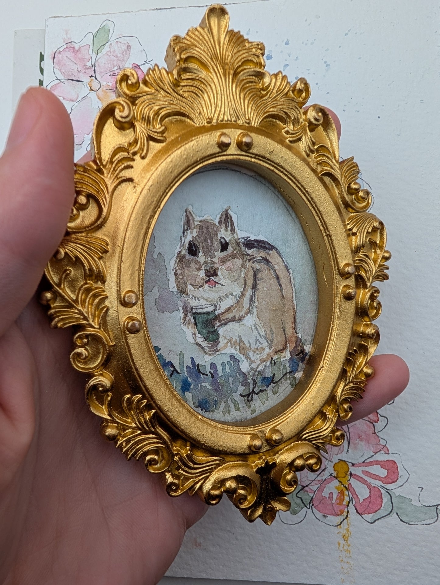 Mini Chipmunk with Coffee Painting - Original Watercolor Art by Lora Cavallin