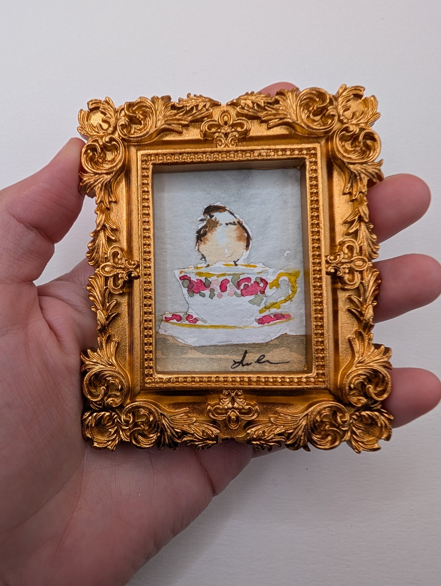 Mini Chickadee Bird on Teacup Painting - Original Watercolor Art by Lora Cavallin