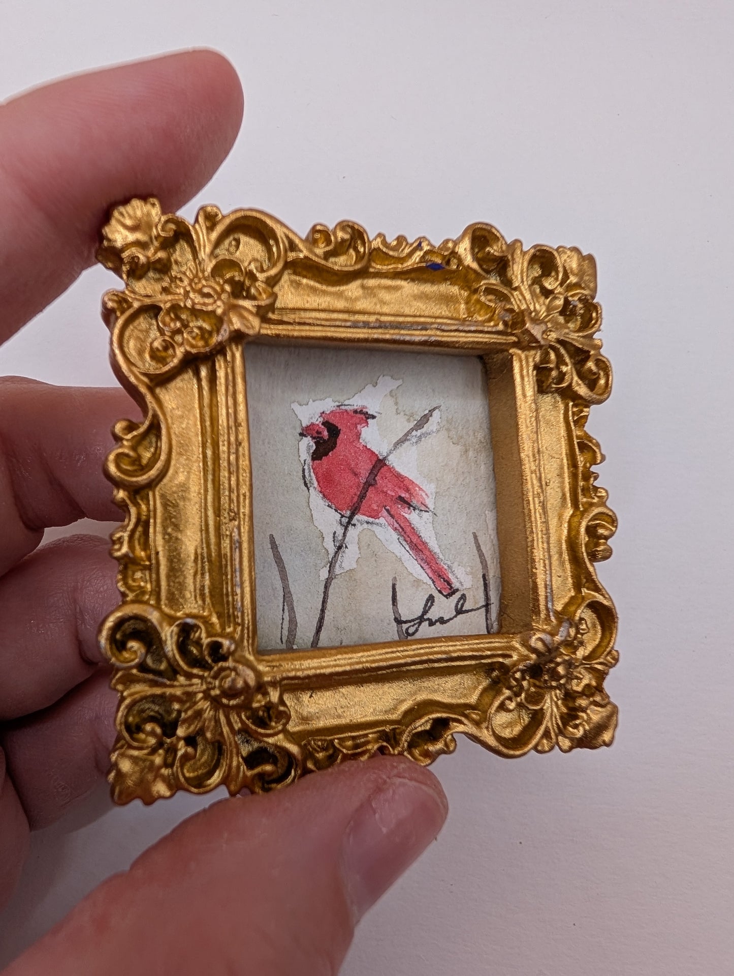 Mini Cardinal Bird Painting - Original Watercolor Art by Lora Cavallin