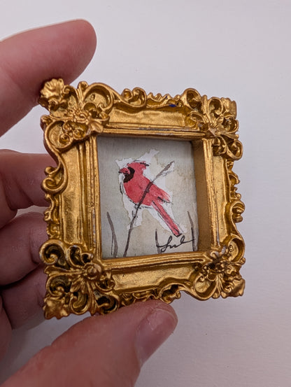 Mini Cardinal Bird Painting - Original Watercolor Art by Lora Cavallin