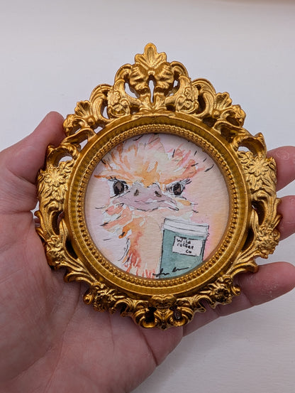 Mini Ostrich with Coffee Painting - Original Watercolor Art by Lora Cavallin