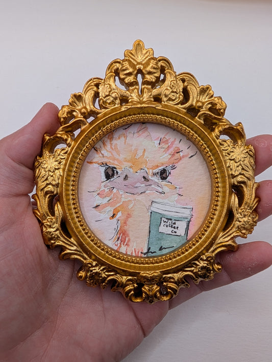 Mini Ostrich with Coffee Painting - Original Watercolor Art by Lora Cavallin