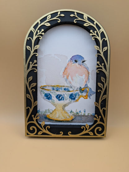 Loose Watercolor Bluebird on Teacup Print - Arched Framed Print