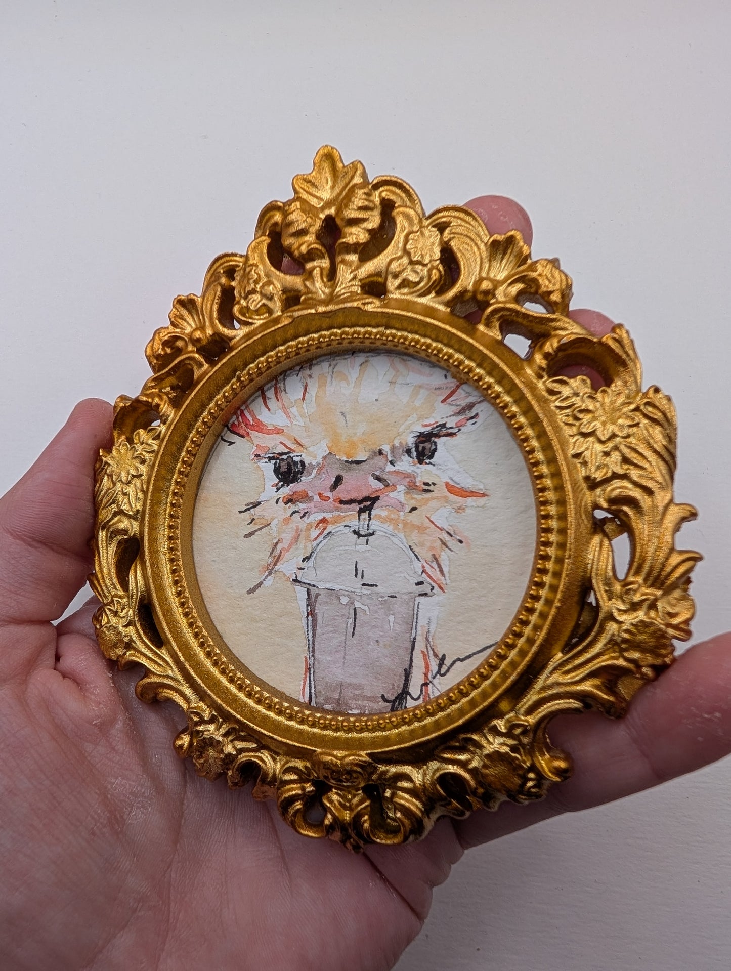 Mini Ostrich with Frozen Drink Painting - Original Watercolor Art by Lora Cavallin