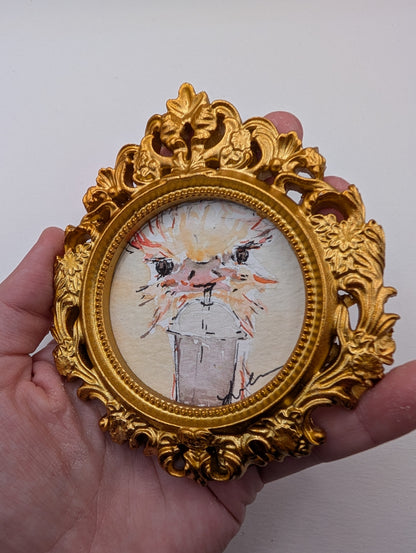 Mini Ostrich with Frozen Drink Painting - Original Watercolor Art by Lora Cavallin