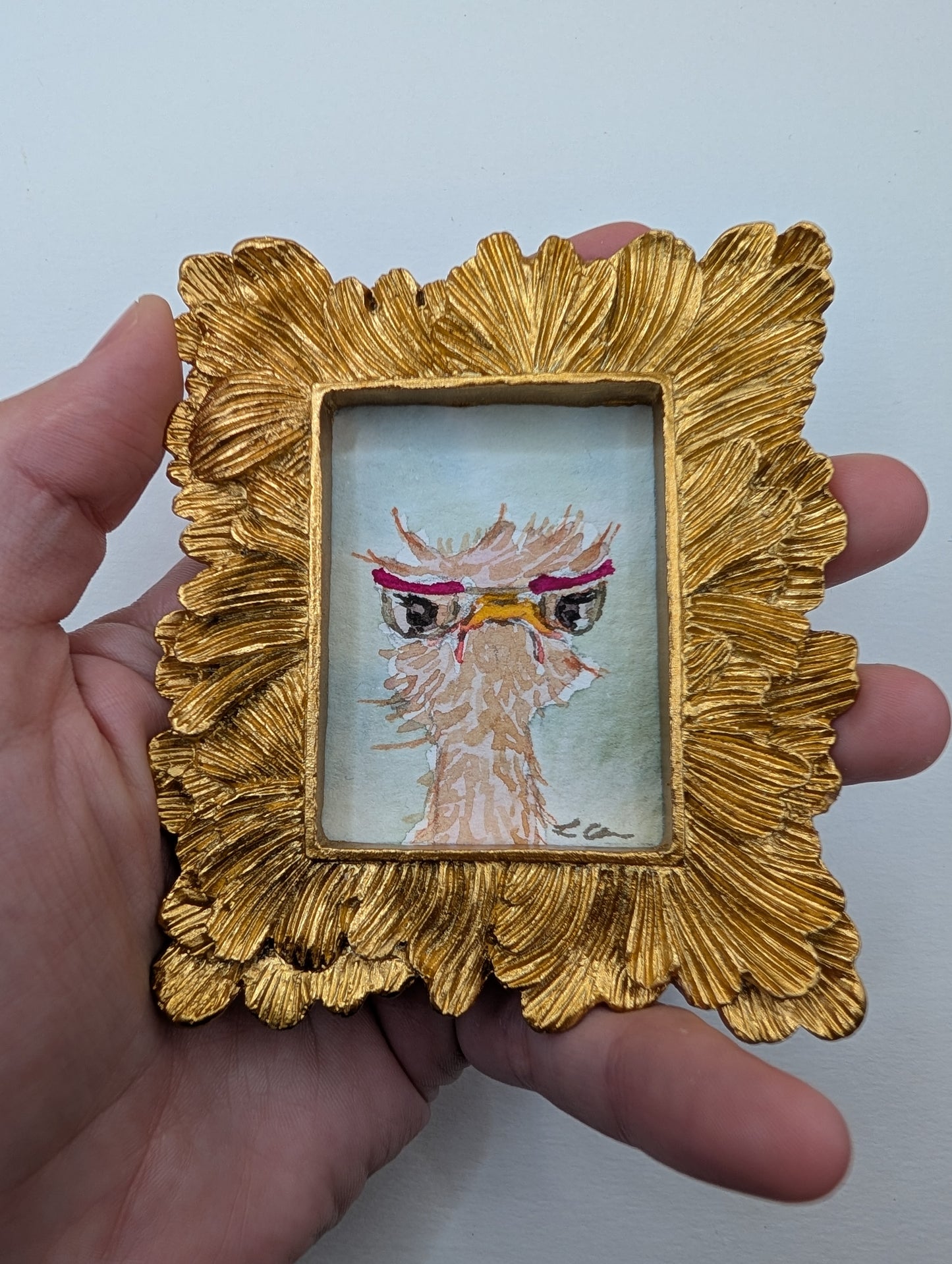 Mini Grumpy Ostrich with Glasses Painting - Original Watercolor Art by Lora Cavallin