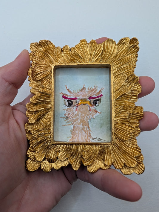 Mini Grumpy Ostrich with Glasses Painting - Original Watercolor Art by Lora Cavallin