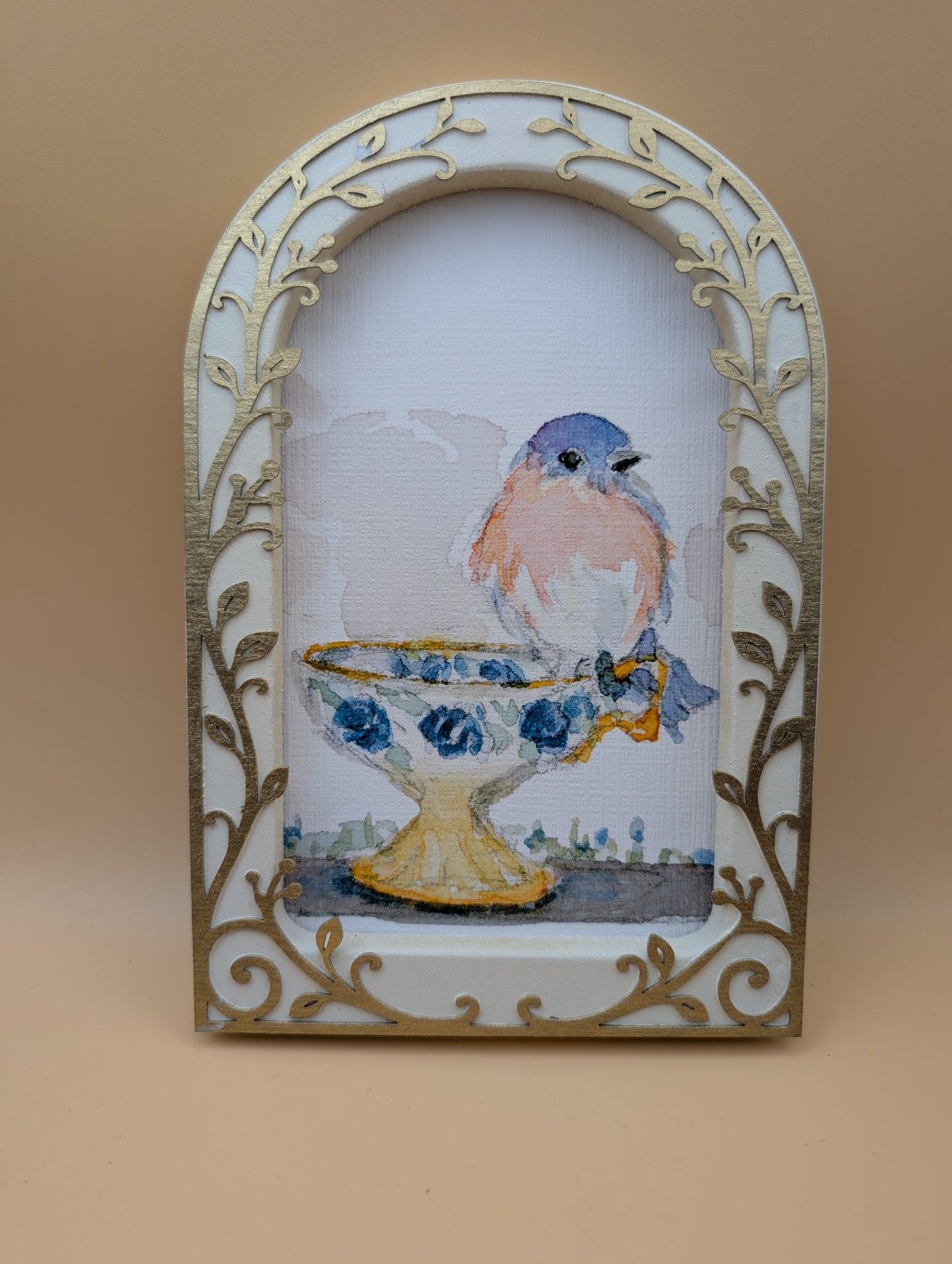 Loose Watercolor Bluebird on Teacup Print - Arched Framed Print