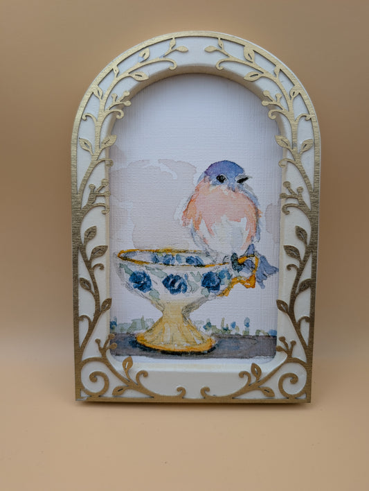 Loose Watercolor Bluebird on Teacup Print - Arched Framed Print