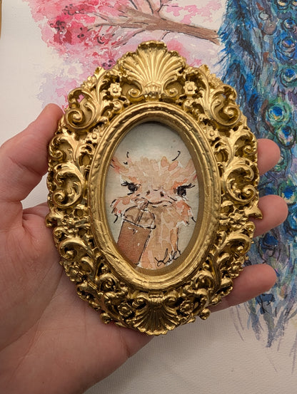 Mini Ostrich Frozen Drink Painting - Original Watercolor Art by Lora Cavallin