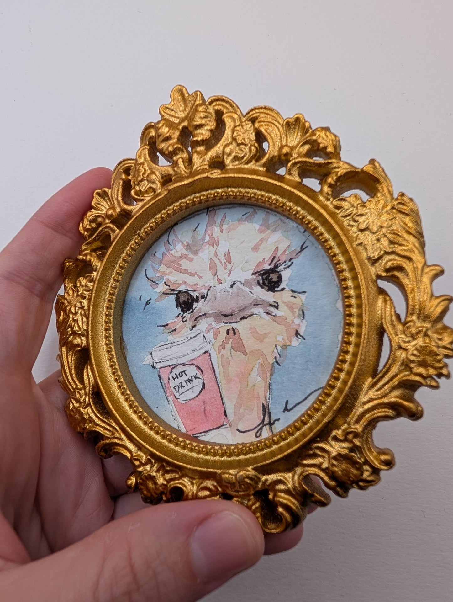 Mini Ostrich with Coffee Painting - Original Watercolor Art by Lora Cavallin
