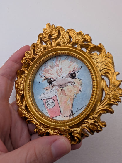 Mini Ostrich with Coffee Painting - Original Watercolor Art by Lora Cavallin