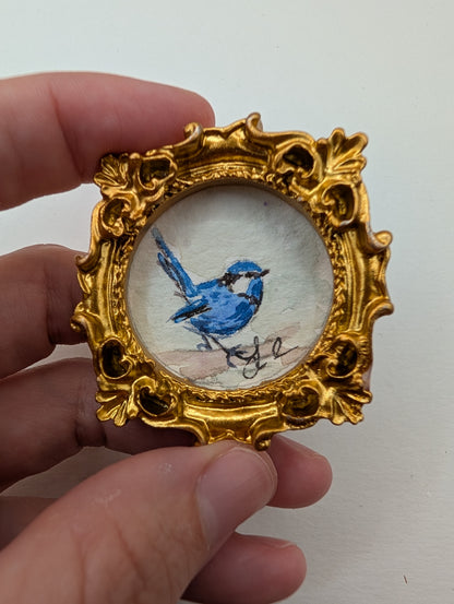Mini Blue Fairy Wren Bird Painting - Original Watercolor Art by Lora Cavallin