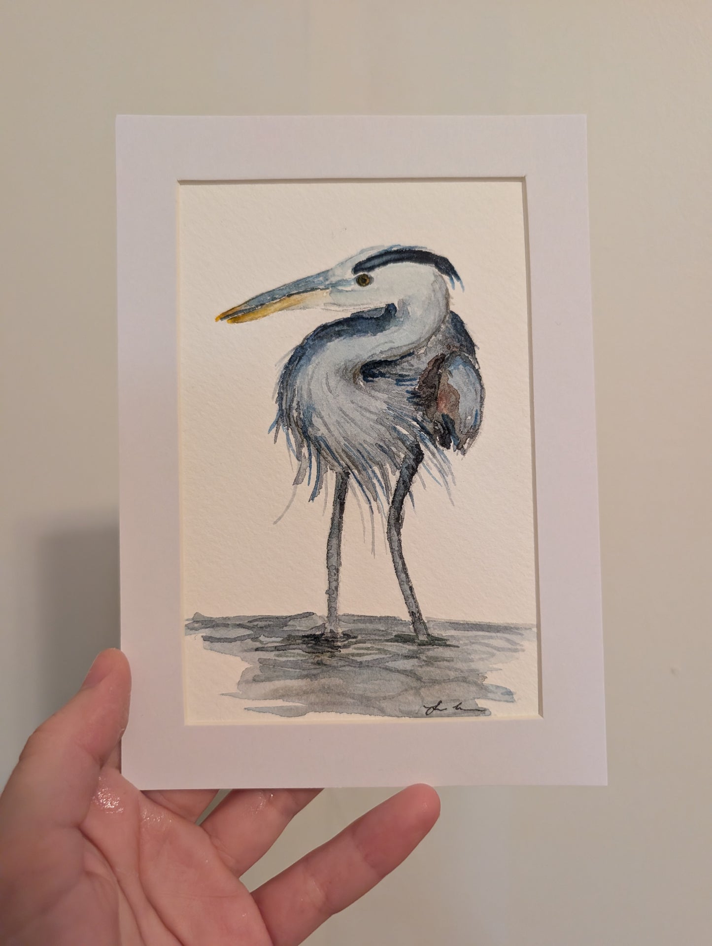 Great Blue Heron Watercolor Painting - 4 x 6" - No Frame, Comes with Mat - Original Art by Lora Cavallin