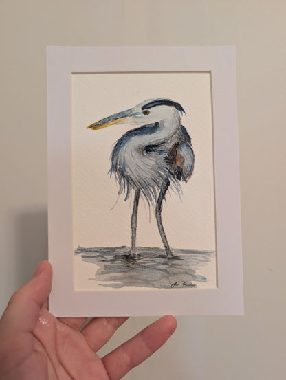 Great Blue Heron Watercolor Painting - 4 x 6" - No Frame, Comes with Mat - Original Art by Lora Cavallin