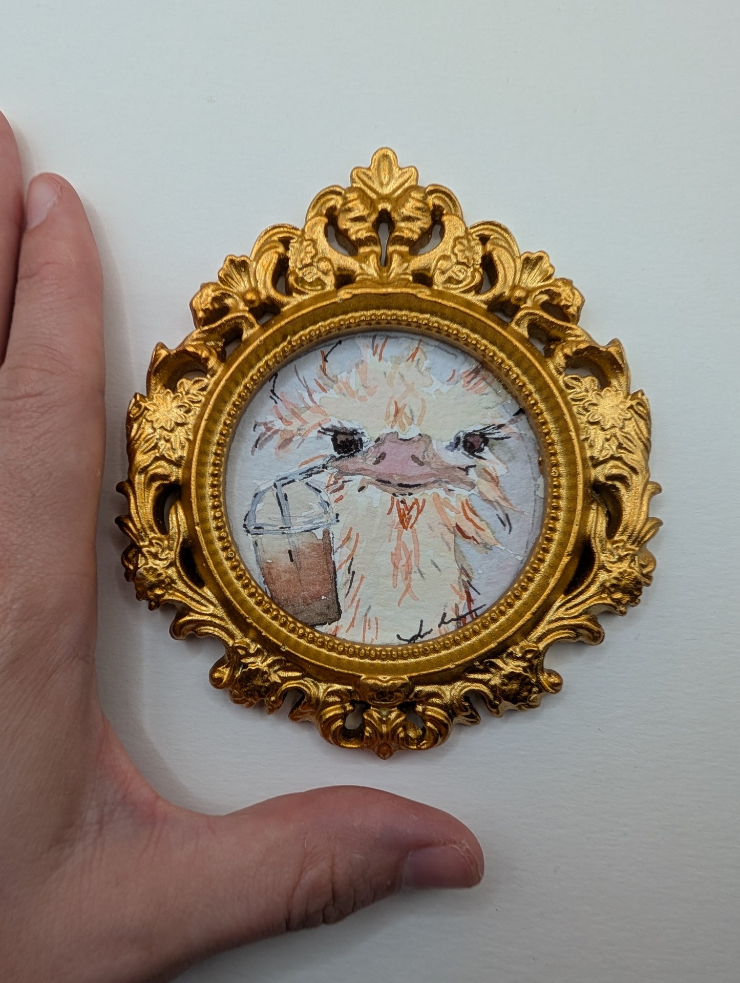 Mini Ostrich with Frozen Coffee Painting - Original Watercolor Art by Lora Cavallin