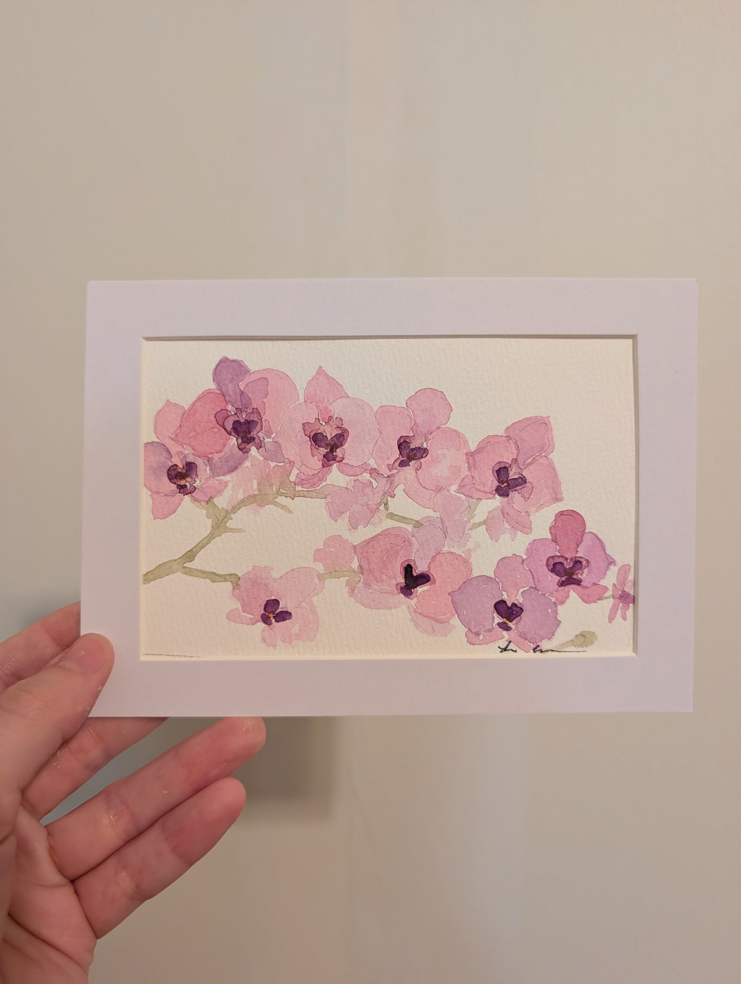 Orchid Flowers Watercolor Painting - 4 x 6" - No Frame, Comes with Mat - Art by Lora Cavallin