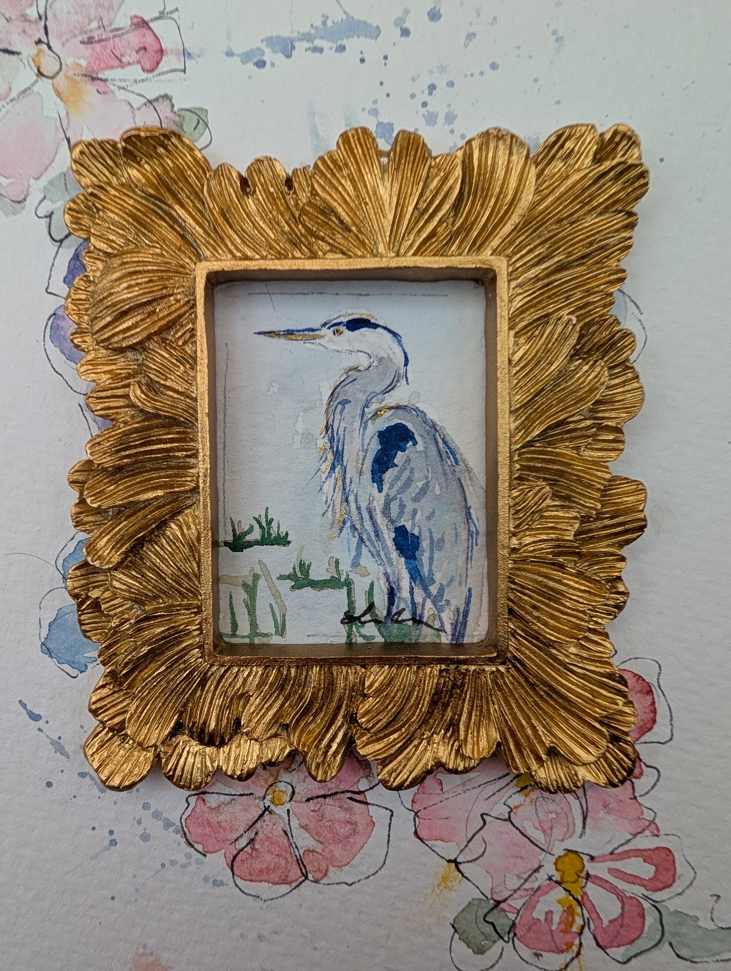Mini Blue Heron Painting - Original Watercolor Art by Lora Cavallin