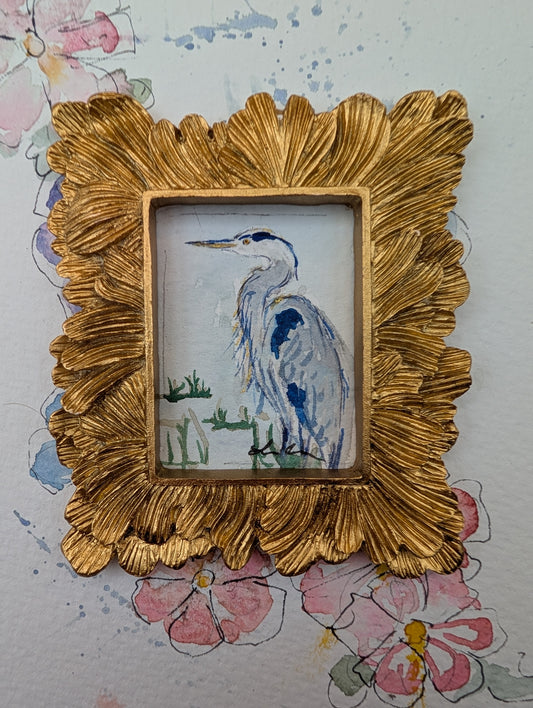 Mini Blue Heron Painting - Original Watercolor Art by Lora Cavallin