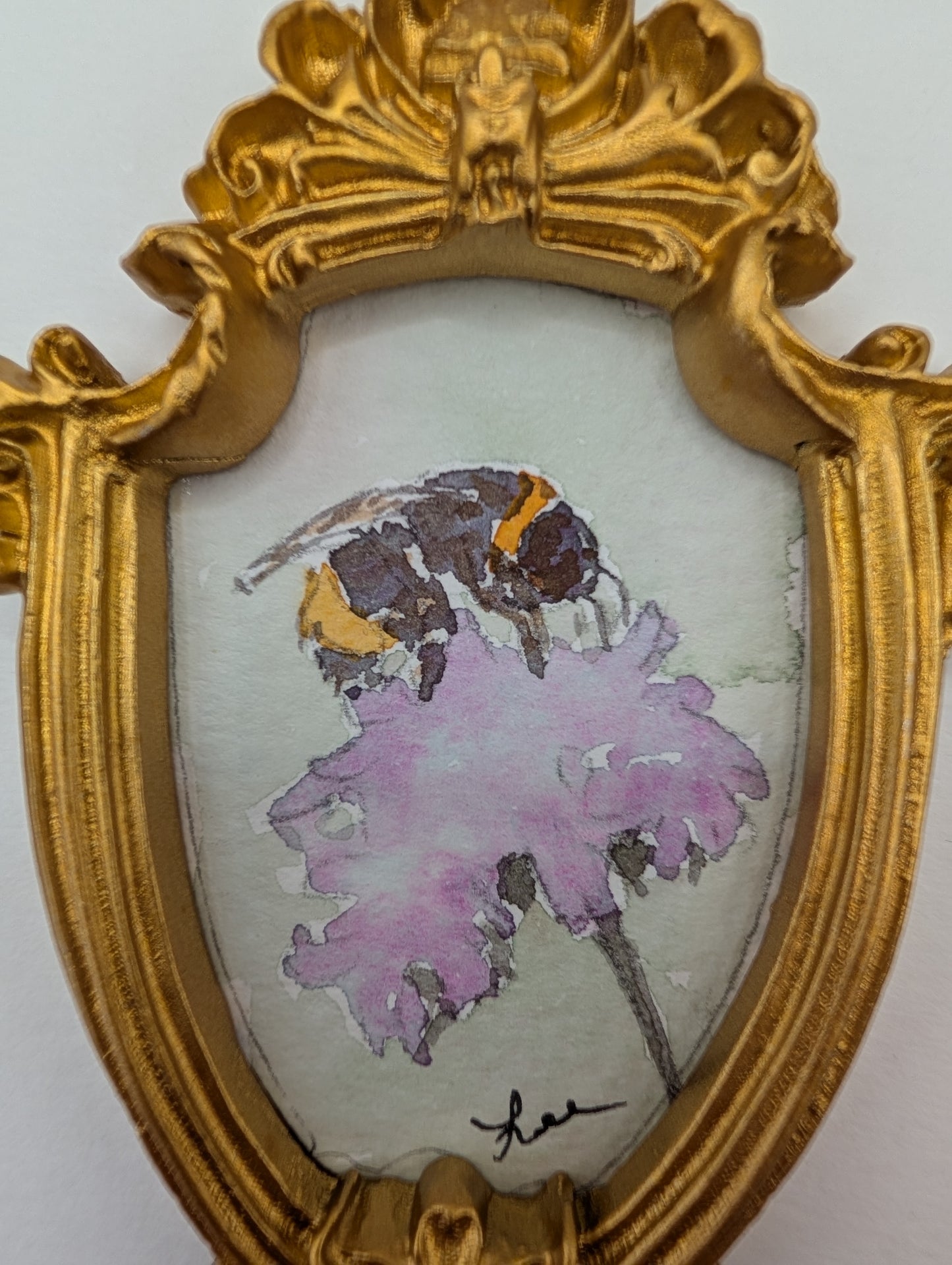 Mini Bee on Flower Painting - Original Watercolor Art by Lora Cavallin