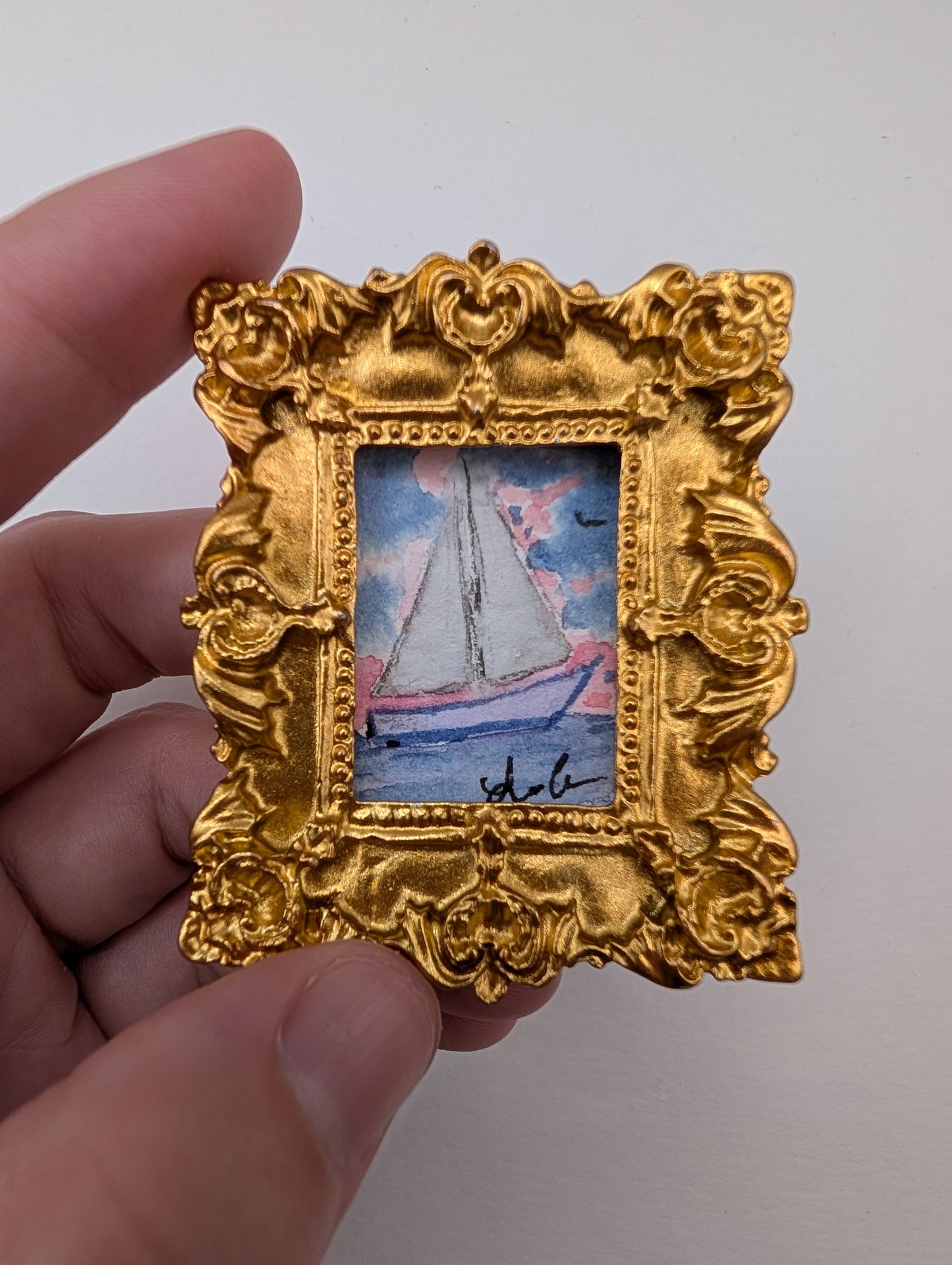 Mini Sailboat at Sunset Painting - Original Watercolor Art by Lora Cavallin