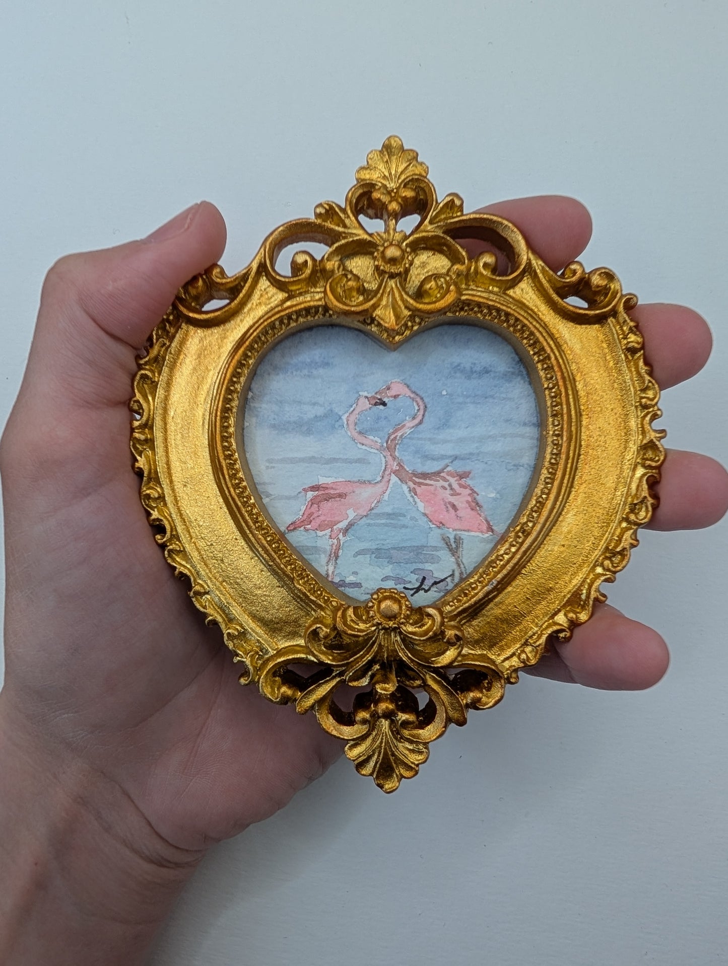 Mini Flamingos in Love Painting - Original Watercolor Art by Lora Cavallin