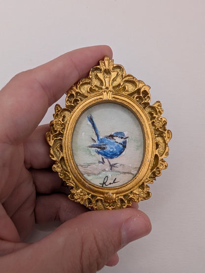 Mini Blue Fairy Wren Bird Painting - Original Watercolor Art by Lora Cavallin