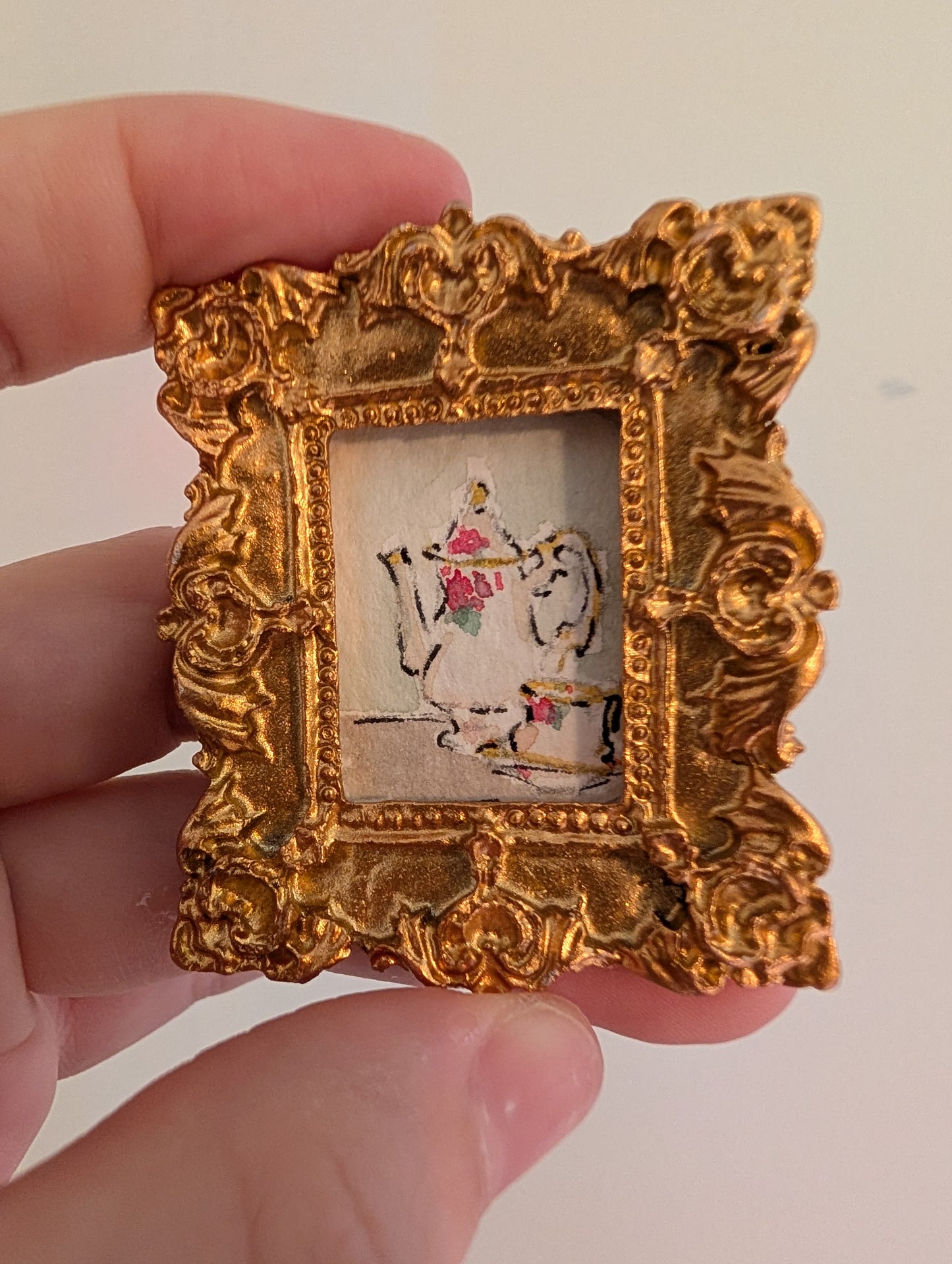 Mini Teapot and Teacup Painting - Original Watercolor Art by Lora Cavallin