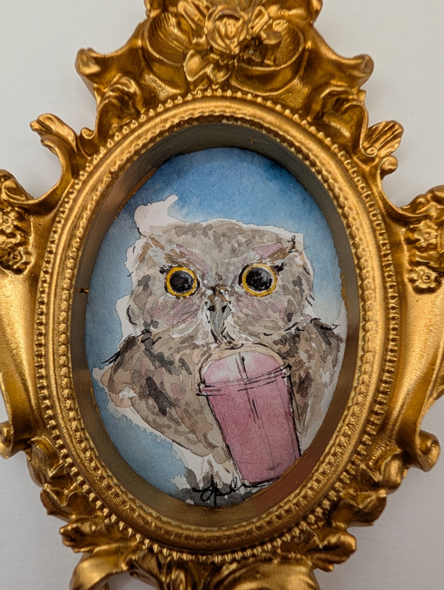 Mini Owl with Iced Drink Painting - Original Watercolor Art by Lora Cavallin