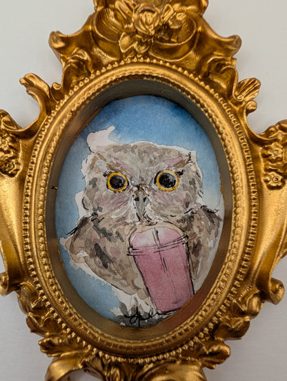Mini Owl with Iced Drink Painting - Original Watercolor Art by Lora Cavallin